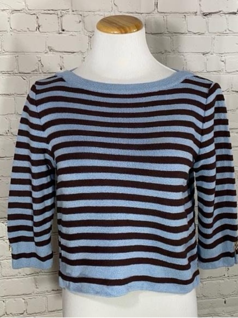St. John Sport Marie Gray Blue Brown Striped Wool Knit Sweater P